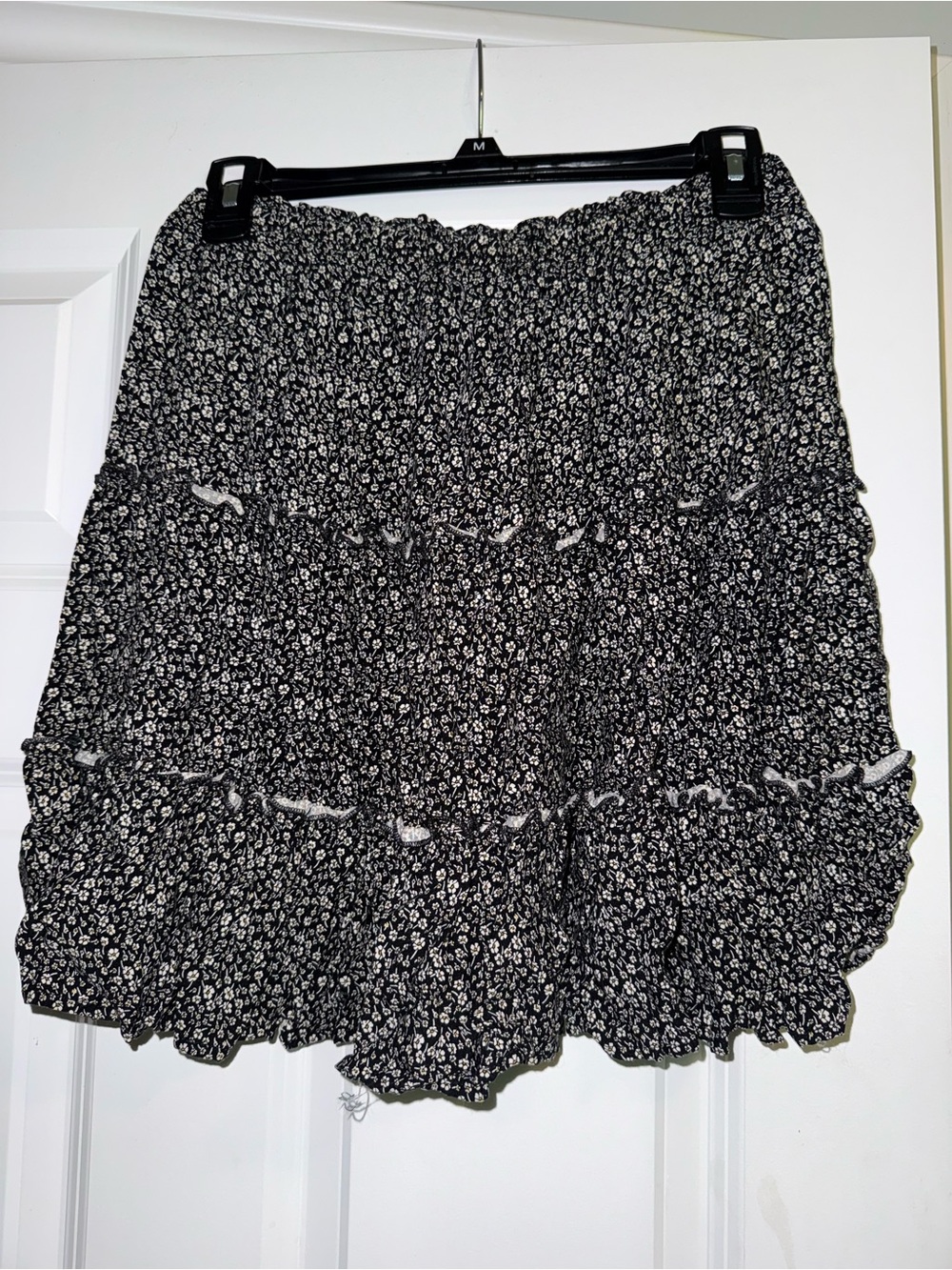 Smocked Black Floral Ruffle Mini Skirt - Picture 2 of 5